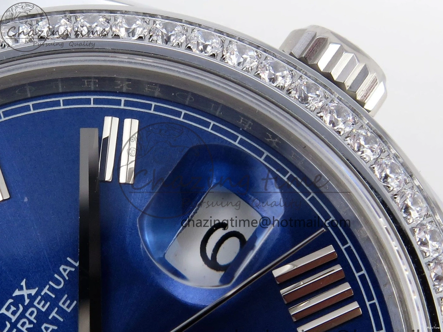 MiroTime 0523 QuickDry DayDate 40 SS GSF Gain Weight Blue Roman Dial Diamonds Bezel on President Bracelet A 1917